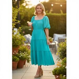 The Westside Puff Sleeve Maxi Dress Large Teal Blue NWT